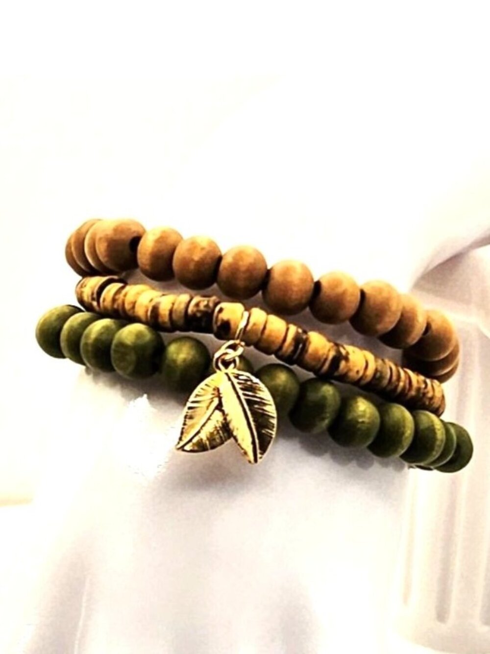 Boho Wood Bracelet Stack, Leaf Charm Bracelet Set, Earthy Beaded Bracelet